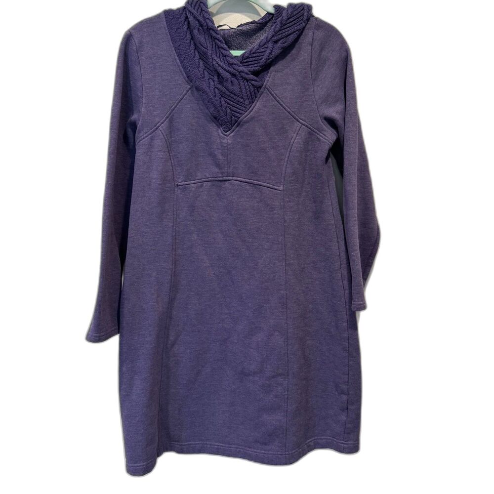 Prana Maud Dress Sweater Cable Knit Cowl Hood Purple Long Sleeve Women sz XL